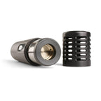 a couple of black and silver items on a white surface